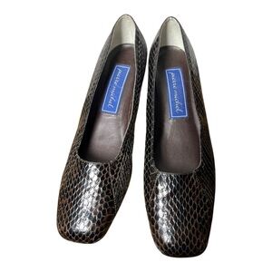 vintage Brown Snakeskin-Effect Square-Toe Flats